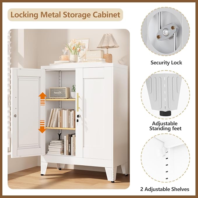 GAIOUS 36" White Floor Storage Cabinet, Locked Metal Storage Cabinets with 2 Doors and 2 Adjustable Shelves, Sideboard Buffet Cabient, Freestanding Cabinet for Home/Office/Garage/Tool Room/Bathroom