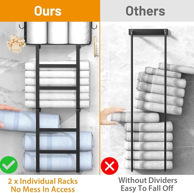 Towel Racks for Bathroom Black, 34IN Rolled Towel Holder, Towel Rack Wall Mounted with 2 Pack Shelf and a Wire Basket, Bathroom Towel Storage and Organizer, Sturdy Metal & Wood