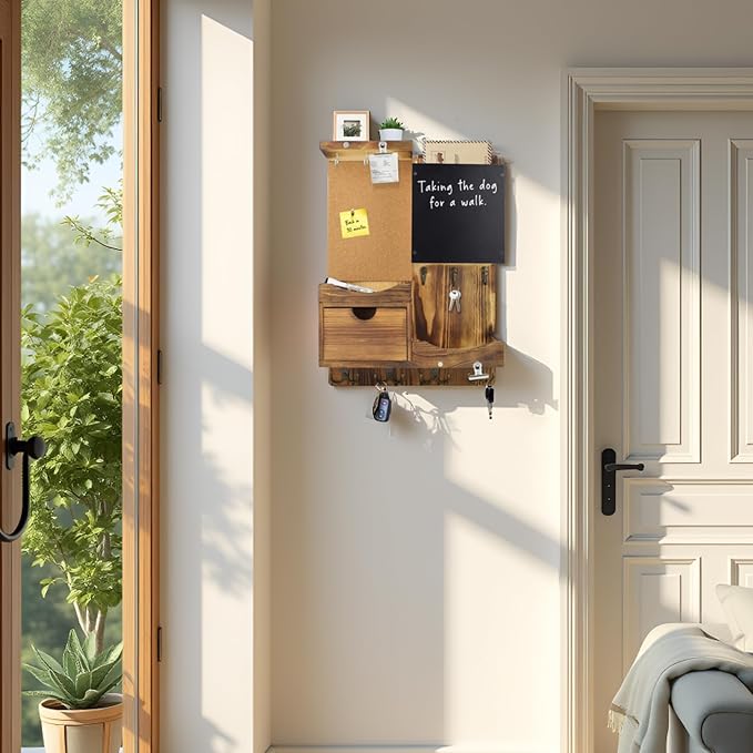 Key Holder Wall Mount， Mail Organizer Key Holder for Wall with Shelf, Drawer, Chalkboard, Corkboard, Home Decor Wall Mounted for Room Entryway(Natural Wood)