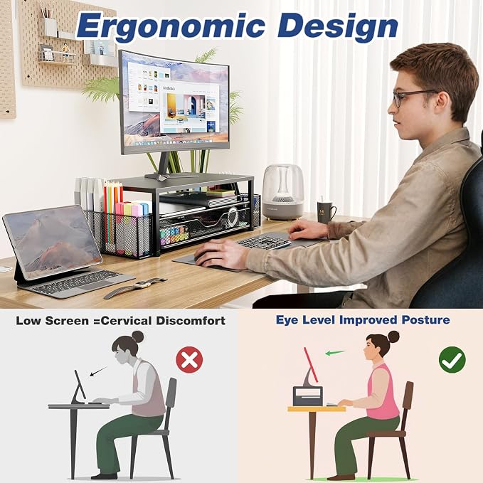 OPNICE Desk Organizer and Accessories, 2-Tier Computer Monitor Stand Riser with Drawer and 2 Pen Holders, Laptop Stand, Office Desk Accessories for Office Supplies, 1 Pack, White