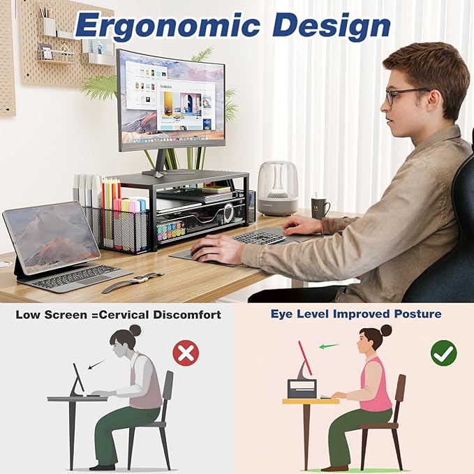 OPNICE Desk Organizer and Accessories, 2-Tier Computer Monitor Stand Riser with Drawer and 2 Pen Holders, Laptop Stand, Office Desk Accessories for Office Supplies, 2 Pack, Black