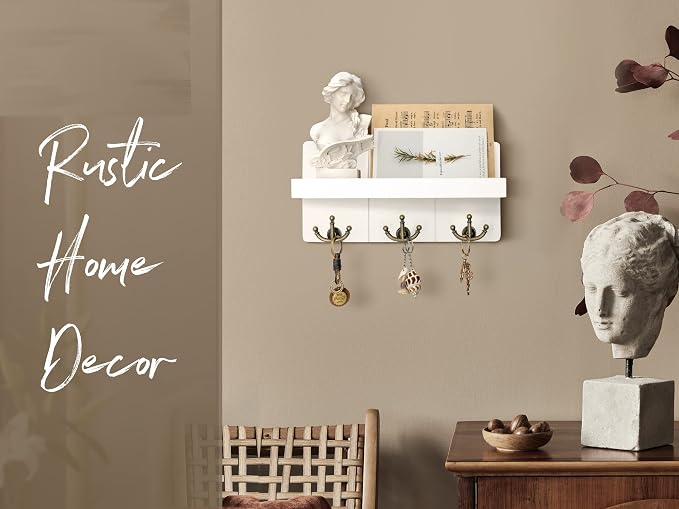 Rebee Vision Key Holder Wall Mount with 3 Anchor Hooks for Entryway, White | Key Holder for Wall, Floating Shelf, Plant Display, Mail Organizer, Retro Key Hanger, Decorative Storage, Elegant Home Accent