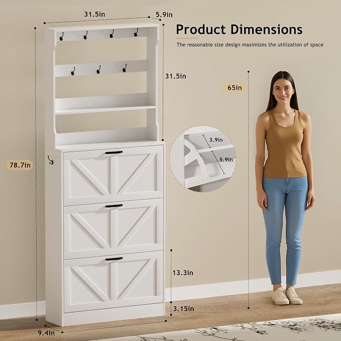 EOYUTLLY Shoe Cabinet Storage for Entryway, Narrow Shoe Rack Cabinet with 3 Flip Drawers & Coat Rack, Hidden Shoe Storage Cabinet, 2-in-1 Hall Tree Slim Freestanding Shoe Rack Organizer, White