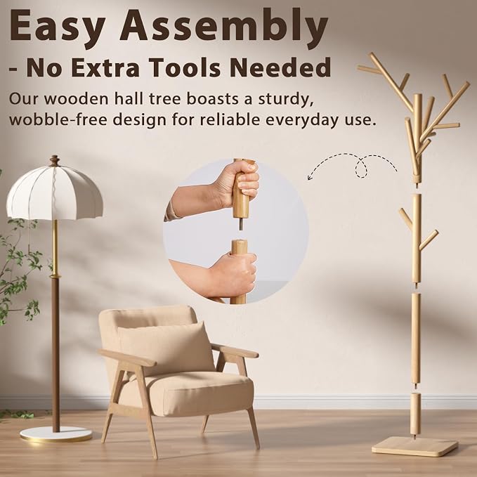 Solid Wood Coat Rack - Freestanding Coat Hat Rack Stand with 14 Hooks, Clothes Rack Heavy Duty Space Saving Entryway Coat Tree Hanger Rack for Coats Jackets Hats Bags, Adjustable Height (Natural)