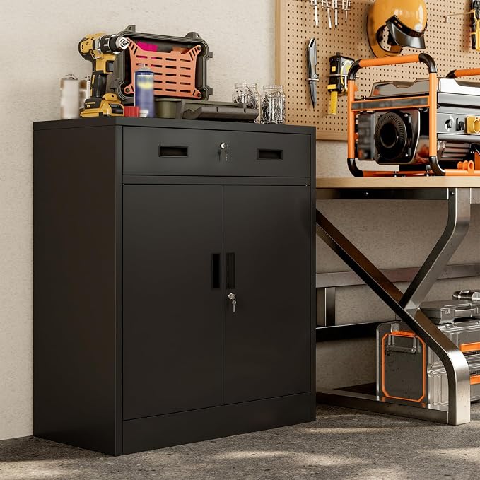 BESFUR Metal Garage Storage Cabinet with One Lockable Drawer 2 Locking Doors and an Adjustable Shelf, 36" Black Metal Short Storage Cabinet for Home Office,Garage,School,Utility Room