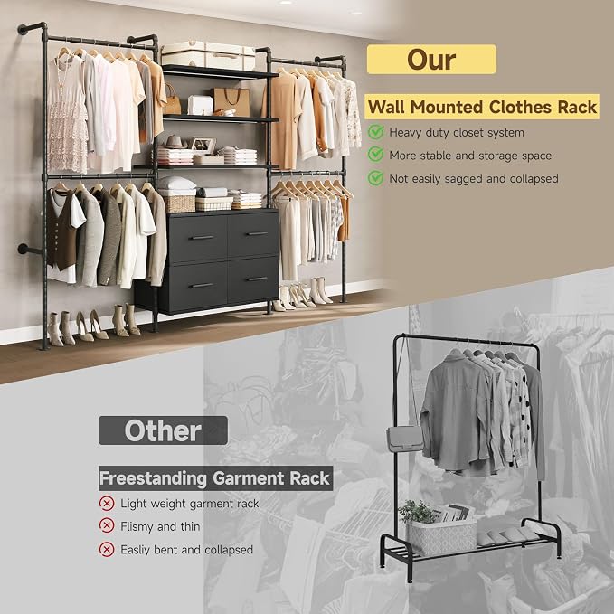 T3 Closet System with Stepless Dimmable LED Light, Industrial Pipe Clothing Rack with 4 Drawers, 6 Wooden Shelves & 4 Telescopic Rods, Heavy Duty Closet Organizers in Wardrobe Closet (Black)