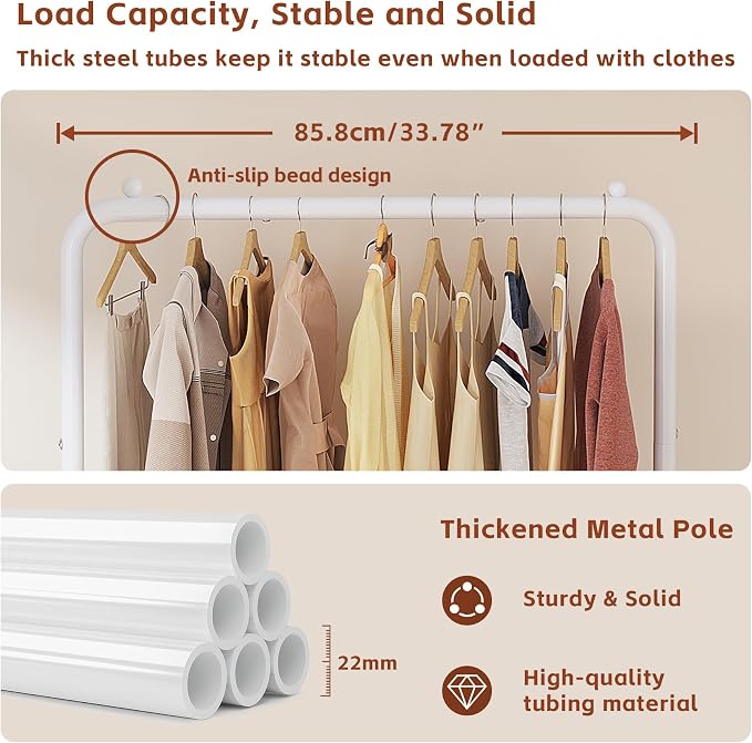 Garment Rack Clothing Clothes Rack for Clothes Organizing White | Standard Metal 34 Inches Garment Rack with Bottom Shelf for Hanging Clothes Coats Jackets Shirts Sweaters Jeans White