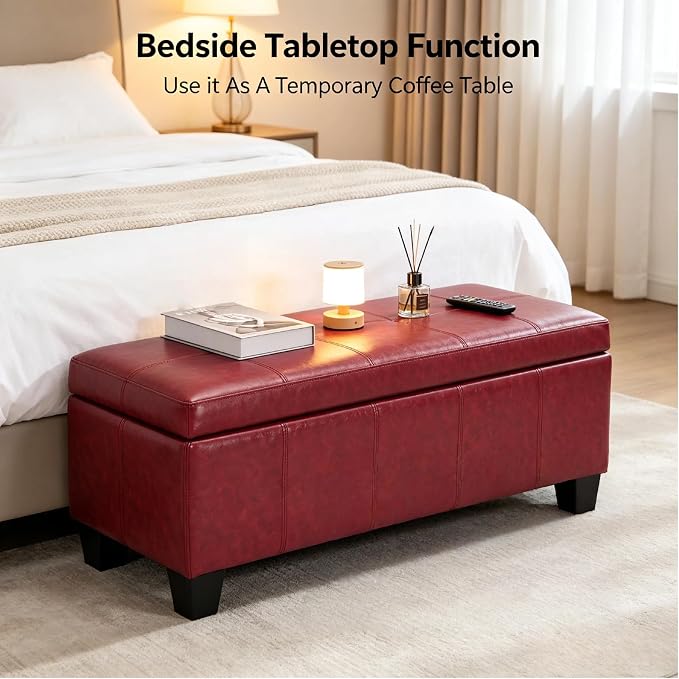 41.5 Inch Burgundy Red Faux Leather Storage Ottoman Bench Accent Furniture | 2.8 cu ft hidden storage,660 lbs weight capacity,solid wood legs,decorative piece for living room bedroom