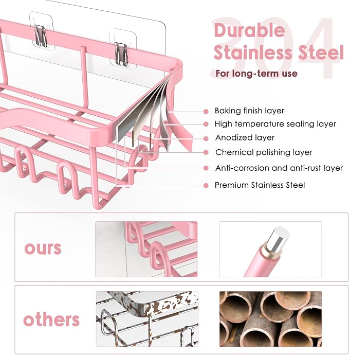 NESOMI Shower Caddy Adhesive Shower Organizer 7-Pack, Rustproof Stainless Steel Bathroom Shelves, Large Capacity No-Drill Rack Storage Accessories with Soap Dish Toothbrush Holder Hooks