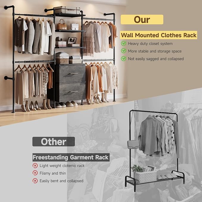T3 Wall Mounted Industrial Pipe Closet Organizers Storage System | Metal Clothing Rack with 2 Drawers, 6 Wooden Shelves & 4 Expandable Rods, Heavy Duty Garment Rack, Wardrobe (Grey)