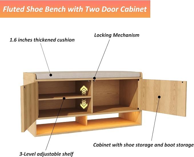 HOMEFORT 39.4" Fluted Shoe Storage Bench, Entryway Bench with Linen Seat Cushion, Shoe Cabinet Bench with Adjustable Shelf and Built-in LED Sensor Light, Bench for Bedroom End of Bed, Natural Oak