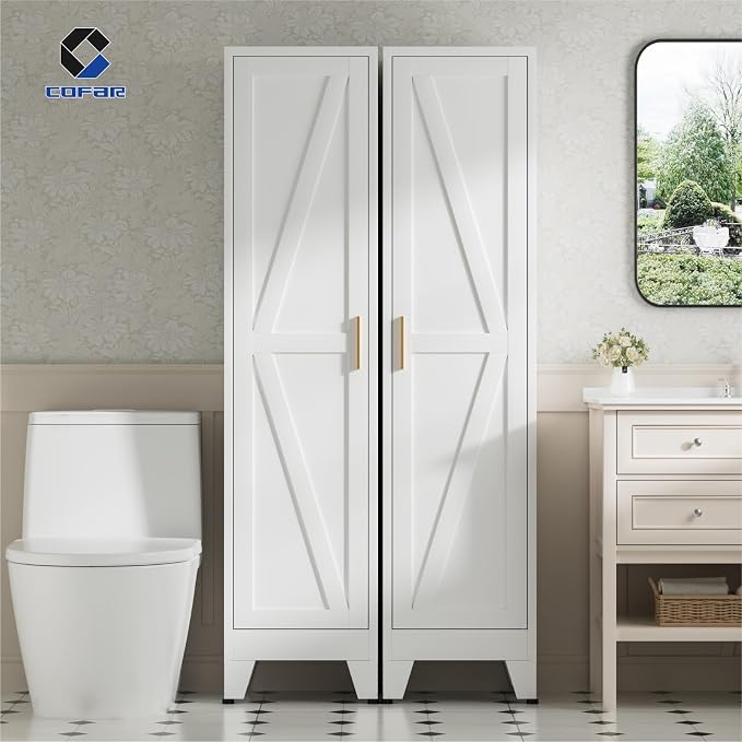 COFaR 67'' Tall Narrow Bathroom Storage Cabinet, Metal Farmhouse Skinny Pantry Cabinet with 4 Adjustable Shelves and One Door, Slim Cabinet Storage for Kitchen Laundry Garage, 5-Tier White