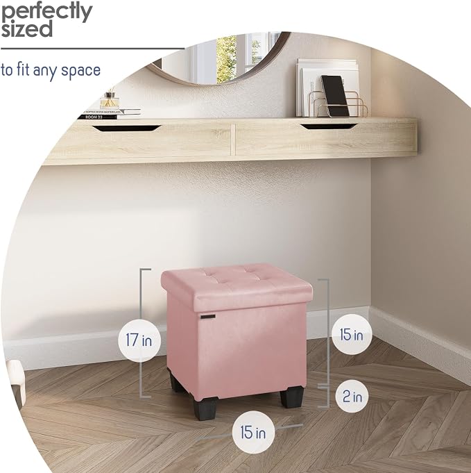 Storage Ottoman Cube with Small Bin, 15-in Square Ottoman with Storage for Living Room and Bedroom, Small Ottomans Foot Rest, Leather Foot Stools Ottomans Max 330lbs, Pink