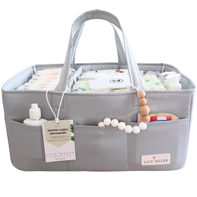 Diaper Caddy Organizer with 8 Pockets, Wipeable Baby Caddy Basket for Diapers and Wipes, Baby Registry Favorites, Nursery Tote Bag for Changing Table or Car (Heather Grey, Large)