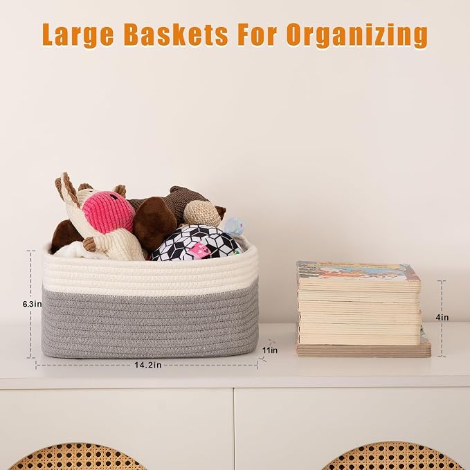 OIAHOMY 4 Pack Storage Baskets for Organizing, Small Bins for Shelves, Cute Decorative Storage Bins, Organizer Baskets for Gifts Empty, 14.2''Lx11''Wx6.3'H, Grey/White