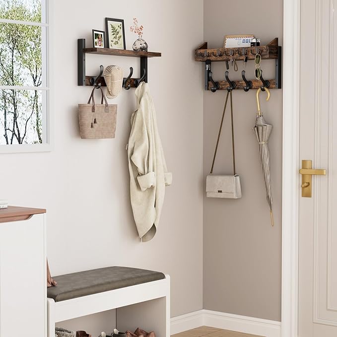 Evermagin 35" Coat Rack Wall Mount with Shelf for Entryway, Rustic Brown | Wall Mounted Coat and Key Rack with Hooks, Key Holder with Mail Organizer for Wall, Living Room, Mudroom, Bedroom