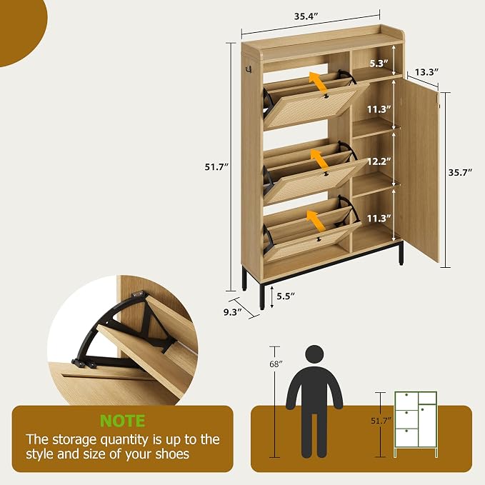 Garvee Shoe Cabinet with 3 Flip Drawers and 4-Tier Shoe Storage Cabinet, Freestanding Shoe Organizer with Adjustable Shelf and Rattan Doors for Entryway, Closet, Hallway