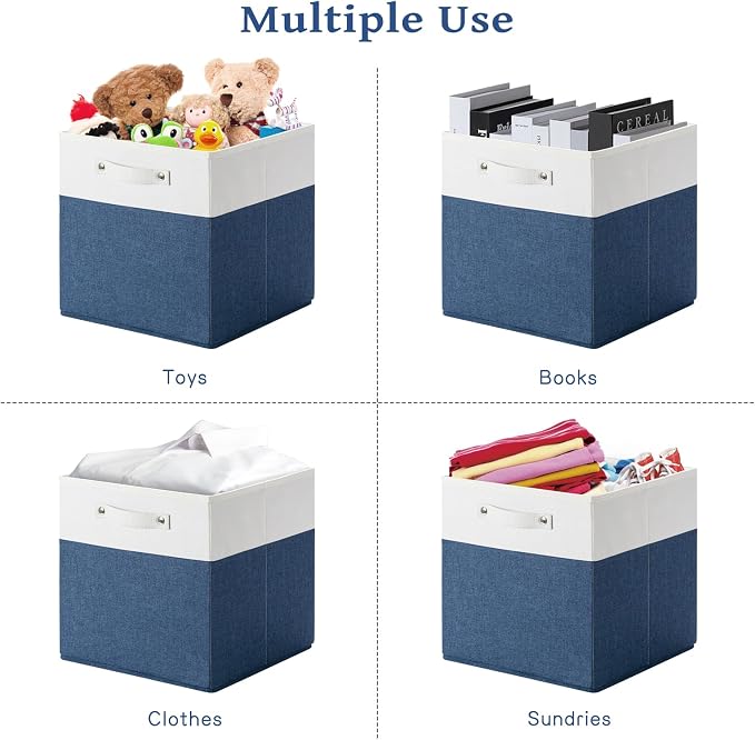 FinishingBo 13x13x13 Storage Cube Bins 4 Pack, Cube Shelf Baskets | Foldable Storage Cubes, Linen Storage Bins with Handles, Closet Organizers, White/Blue