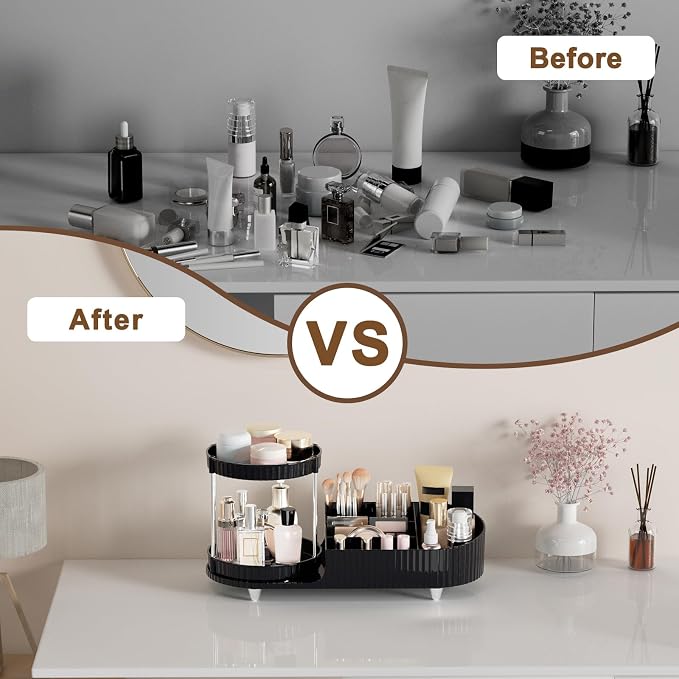 Makeup Organizer Countertop for Vanity with 360 Rotating Perfume Trays, 7-Compartment Skincare Organizers and Make Up Desk Storage, Cosmetic Organizer with Brush Holder for Bedroom Bathroom Counter