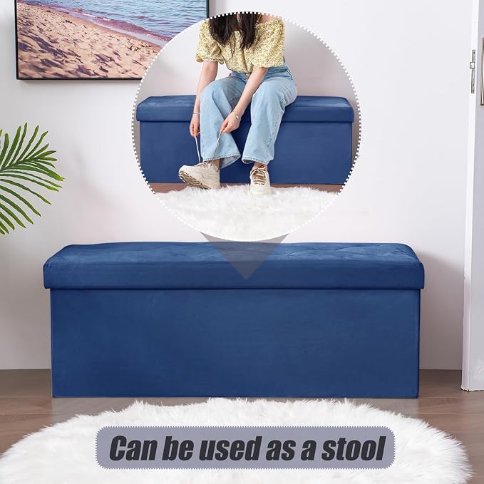 BRIAN & DANY 43 Inches Folding Storage Ottoman Bench, Velvet Ottoman with Storage for Living Room, Bedroom, Entryway, Ottoman Foot Rest, End of Bed Bench (Blue)