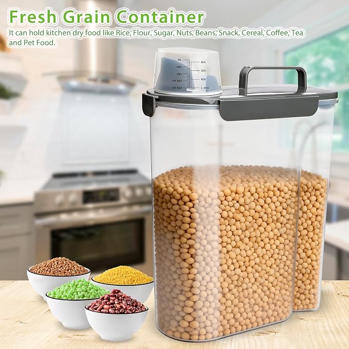 Viretec Rice Storage Container, 15 to 20lb Dry Food Airtight Dispenser, Pet Dog Cat Food Canister, BPA Free Clear Plastic Kitchen and Pantry Bin for Oatmeal, Cereal, Pasta, Flour Pack of 2 Grey