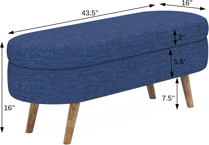 43.5” Storage Ottoman Bench，Upholstered Oval End of Bed Bench for Bedroom | Modern Linen Ottoman with Storage, Entryway Foot Rest with Wooden Legs, Lift-Top Lid with Safety Hinge, Living Room, Blue