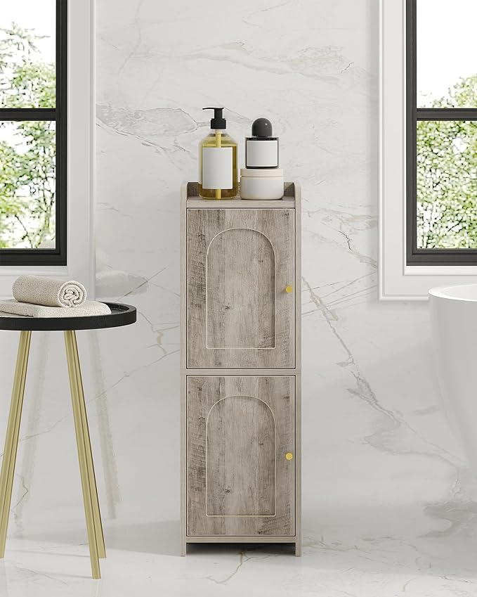 Hzuaneri Bathroom Storage Cabinet, Small Corner Floor Cabinet with 2 Doors | Narrow Toilet Paper Cabinets with Adjustable Shelf, Bathroom Organizer for Small Spaces, 7.9" D x 9.8" W x 29.5" H Greige