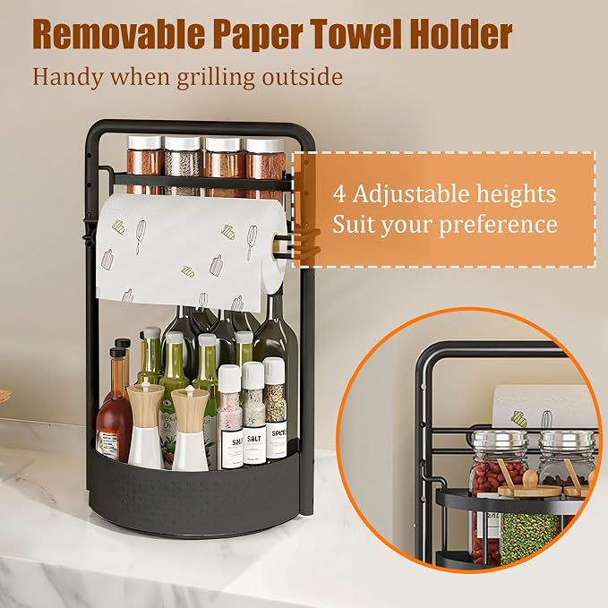 JEESA Rotating Spice Rack with Paper Towel Holder, Black | 2 Tier Lazy Susan, Sturdy Iron, Seasoning Organizer, Kitchen Countertop
