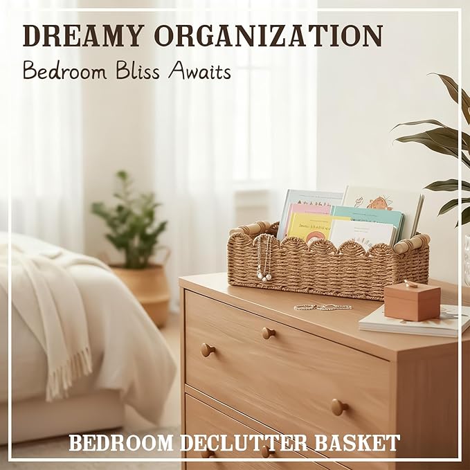 Upgraded Paper Rope Scalloped Edge Toilet Paper Storage Basket, Small Living Room, Bedroom Decor Baskets for Over Toilet Storage Shelf, End Table, Shelves and More, with 2 Wooden Handle (Neutral)