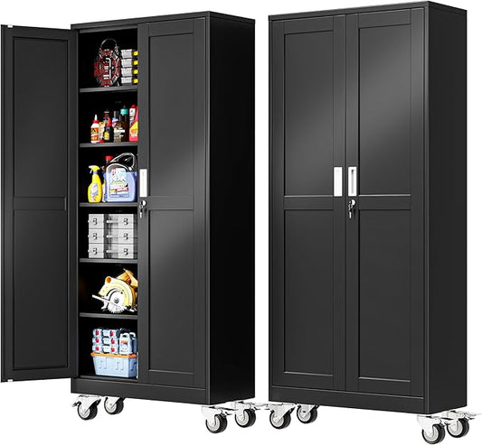 PAOFIN 75''H Metal Garage Storage Cabinet with Wheels,Steel File Cabinets with 2 Doors and 5 Adjustable Shelves for Home Office, Warehouse, Required Assembly,Black