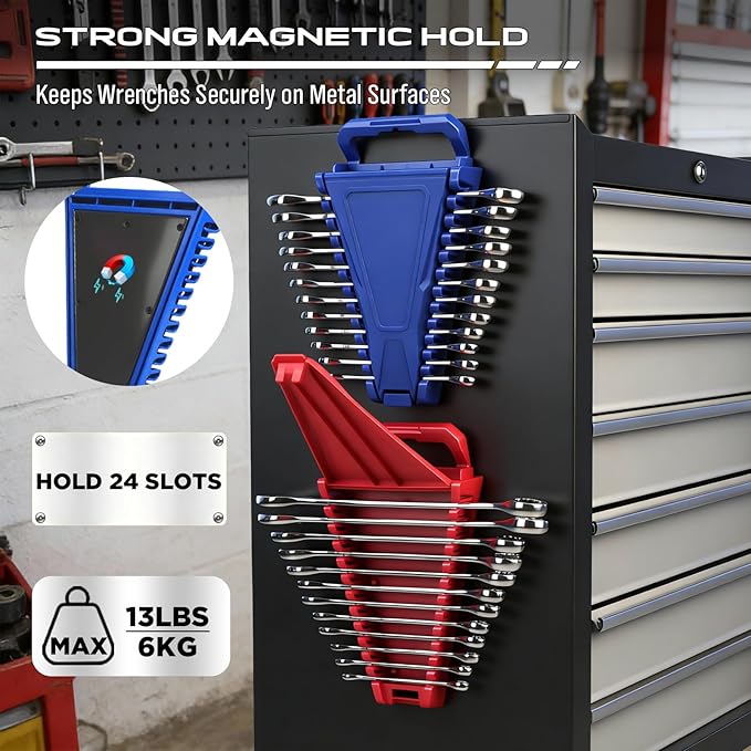 8-Piece Magnetic Socket and Wrench Organizer Set, Metric & SAE, 1/4", 3/8", 1/2"Drive Detachable Socket Storage Tray, 24-Slot Wrench Holder with Non-Slip Handle & Lock Cover for Toolbox Drawer Storage