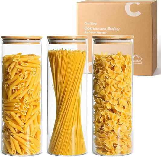 ComSaf Pasta Containers Storage 2 Qt, Spaghetti Container, 3 Pack Glass Jar | 11.3-inch Tall Glass Canisters, Glass Storage Containers wtih Lids 70oz, Noodles, Cereal, Kitchen Dry Food Storage, BPA Free