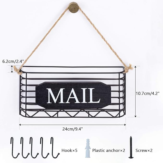 SRIWATANA Rustic Mail Organizer Wall Mount, 5 Key Hooks, Small Size, Black | Mail Holder Key Holder for Wall, Hanging Mail Sorter, Letter Basket for Receipts Bills Envelopes, Home & Office Organizer