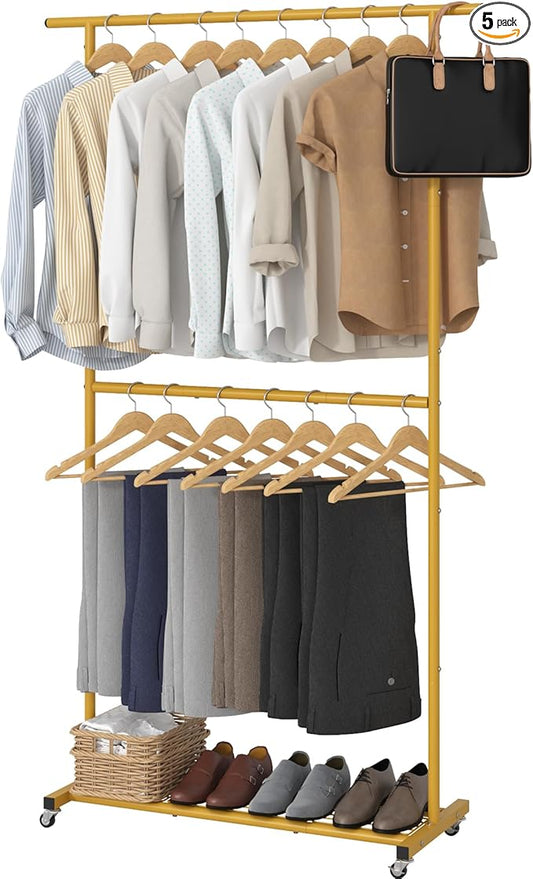 Sywhitta Double Rod Metal Clothing Rack on Wheels with Bottom Mesh,Gold | Rolling Garment Organizer, for Hanging Clothes,Coats,Easy to Assemble,Space-Saving,Mobile Organizer for Closet