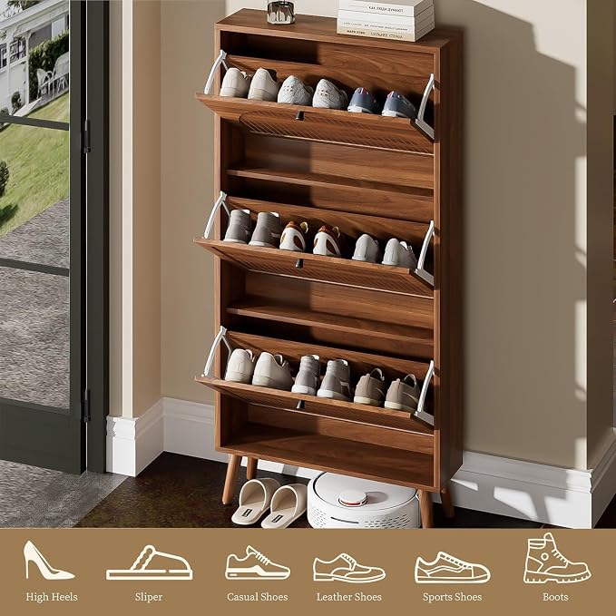 Fsbecl Shoe Storage Cabinet for Entryway with 3 Flip Drawers, Walnut | Narrow Single Layer Design, 23.6'' Freestanding Shoe Rack, Wooden Hidden Organizer for Hallway Foyer, 6-9 Pairs