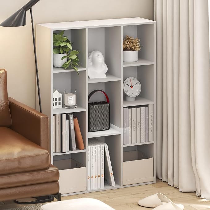 Furinno LUDER Book Shelf, 11-Cube Bookshelf, Reversible Bookcase, 9.4 x 29.1 x 41.7, Easy Assembly, for Living Room, Bedroom, Home Office, White
