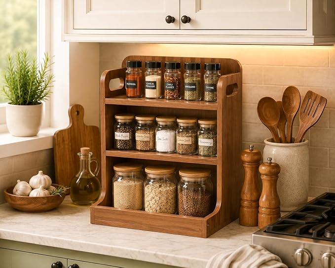 Solid Wood 3-Tier Spice Rack Countertop Organizer Kitchen Storage Shelf | Sturdy wood desktop shelf for spices, coffee bars & bathroom vanities. Features portable handles & full back stability.