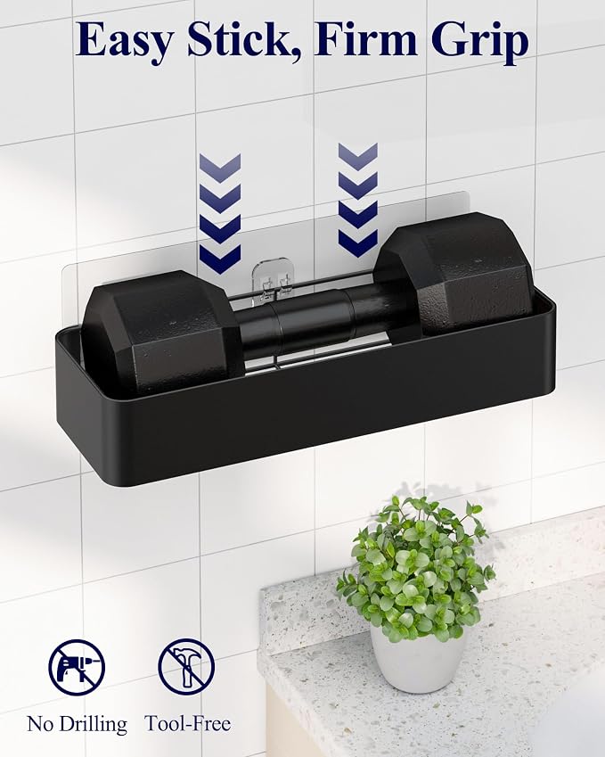 Kitsure Large Shower Caddy - Adhesive 6-Pack Bathroom Shelves, Black | No-Drilling Rustproof Shelves with Soap Holder, Toothbrush Holder, 6 Hooks, Stylish Bathroom Organizers and Storage Solution
