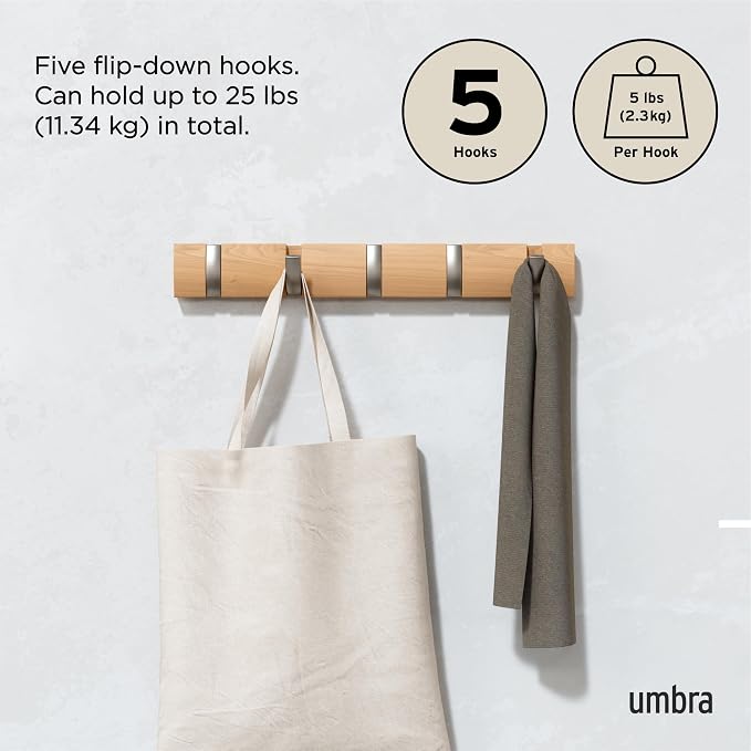 Umbra Flip 5 Wall Mounted Hook | Real wood and steel build, retractable hooks fold flat, holds coats bags and scarves, easy install