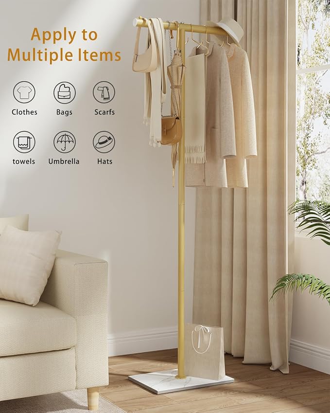 OUTBROS Freestanding Coat Rack, 68.9" High Small Clothes Rack, Gold | Coat Tree with Rock Base, T Shaped Coat Hanger Stand Suitable for Bedroom, Hallway, Entrance