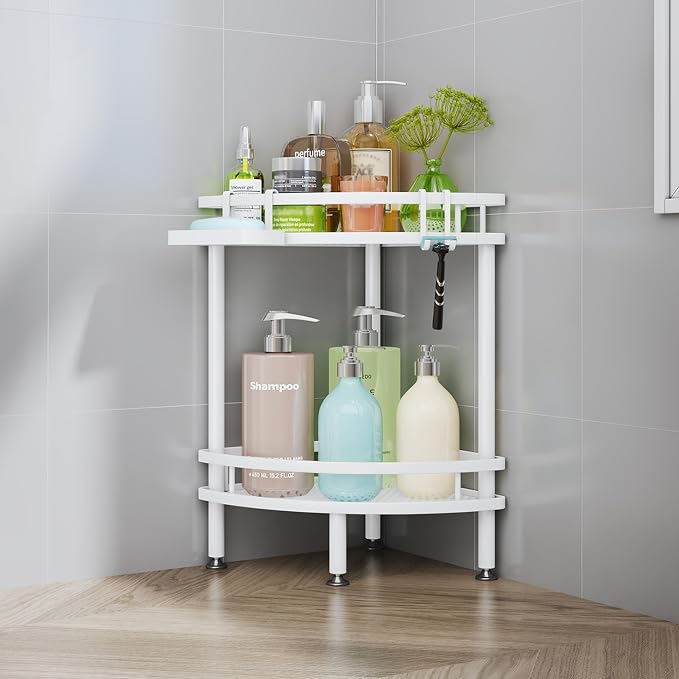 HapiRm Standing Corner Shower Caddy - 2 Tier Shower Organizer Corner with Soap Holder and 4 Hooks, Rustproof Bathroom Storage Shelves with Adhesives, White