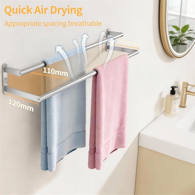 KLJKPA Double Towel Bar, Towel Holder for Bathroom, Brushed Nickel | Towel Rack for Bathroom Wall Mounted, Stainless Steel Double Bath Towel Bar