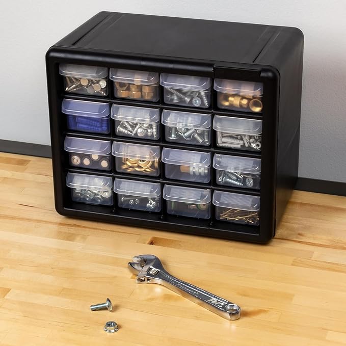 Akro-Mils 16-Drawer Plastic Storage Cabinet, 10.5"W x 6.5"D x 8.5"H, Black | Plastic Cabinet w/ Drawers for Garage Organization, Beads, Makeup Organizer, Building Bricks Storage, Teacher Toolbox, 10116