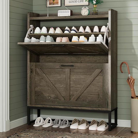 GRUSIGN Shoe Cabinet, Shoe Storage Cabinet with 2 Flip Drawers & Adjustable Shelf, Space-Saving Shoe Organizer – Holds 16+ Pairs, Narrow Shoe Cabinet Storage for Entryway/Hallway（Grey）