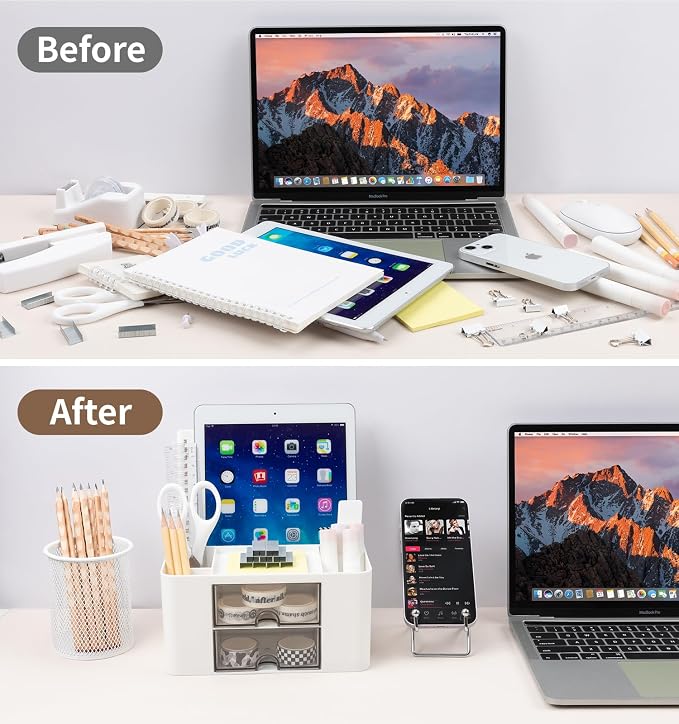 White Desk Organizers and Accessories 12+1Pcs, Office Supplies for Desk, Pen Organizer with 2 Drawers with Stapler,1000 Staples, Phone Holder, Tape Dispenser, Pen Holder, Sticky Note,Clips,Ruler,Etc