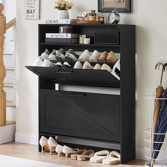 RWYHG Shoe Cabinet Storage for Entryway with 2 Flip Drawers | Open Storage Layer Rack Narrow Organizer Slim Hidden Wood Shoe Cabinet Furniture