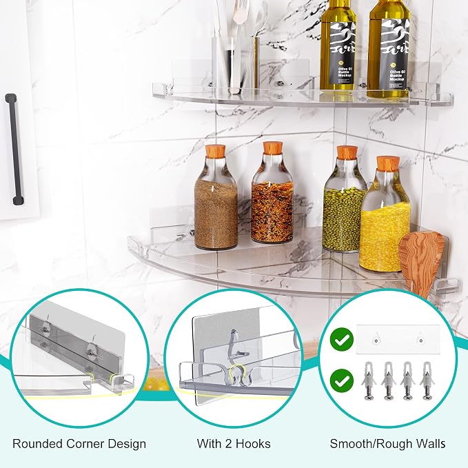Acrylic Corner Shower Shelves, Adhesive Shower Caddy Organizer for Bathroom Storage Home Decor, Clear Rustproof No Drilling Wall Shelf, 2-Pack