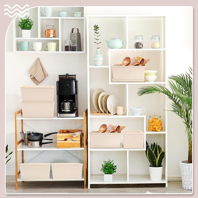 6 Pcs Storage Bins with Lids Small Plastic Storage Containers Stackable Storing Baskets Box Cute Organizer Bins for Organizing Shelves (Beige)
