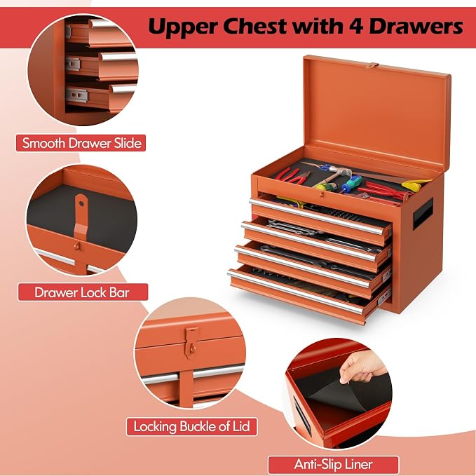 Goplus Tool Chest, 5 Drawers Rolling Tool Cabinet with Detachable Top Toolbox, Universal Lockable Wheels, Lock Bar, Protective Liner & Tool Rack, Metal Tool Storage Cart, Tool Box for Garage Workshop