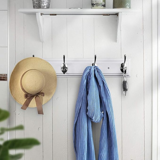 Coat Rack Wall Mounted White, 17" Wooden Modern Wall Coat Hanger with 4 Hooks, Heavy Duty Zinc Alloy Wall Hook Rack for Hanging Coats, Keys, Bags, Great Touch for Bedroom Bathroom Kitchen | 17"